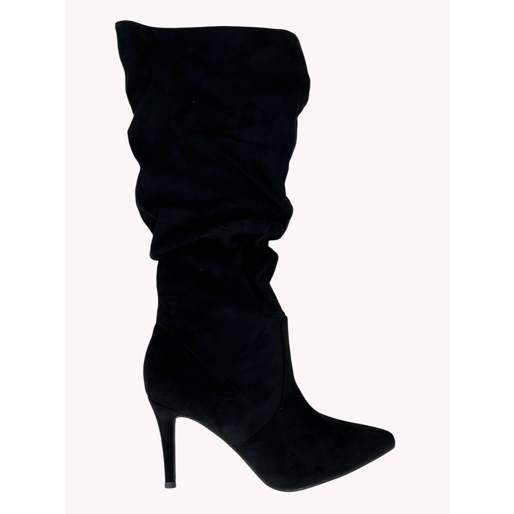 Rilista Womens Black Suede Knee-High Slouchy Pointed-Toe Stiletto Heeled Boots S